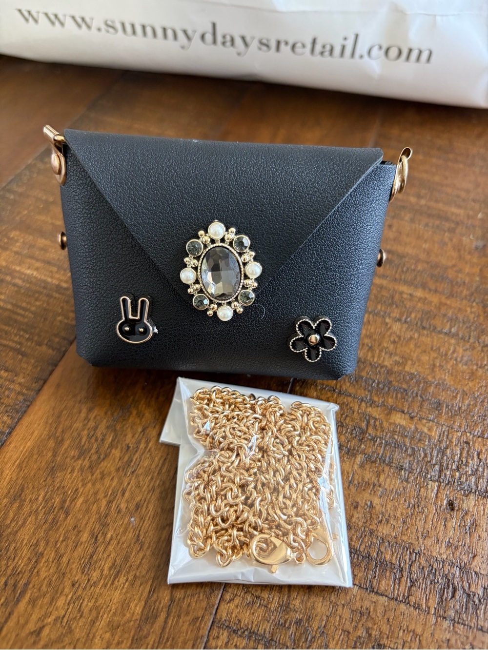 Black Jeweled Mini Crossbody Bag with Gold Chain